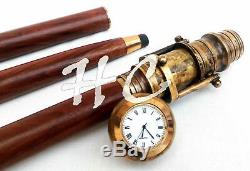 10 Units Clock Top Wooden Walking Stick With Hidden Antique Brass Telescope Cane