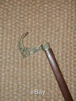 1900c rare Antique Brass Handle-Mining-Machine-Tools Design Wooden Walking Stick
