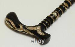 3 Handcrafted Mother of Pearl Inlaid Ebony Wood Stick, Wooden Walking Cane #09