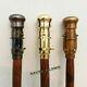 3 Pc Set Hidden Spy Steampunk Telescope Antique Brass Wooden Walking Stick Cane
