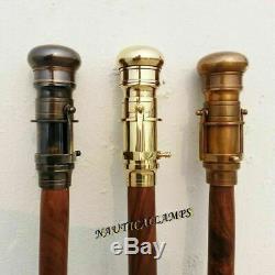 3 PC SET HIDDEN SPY STEAMPUNK TELESCOPE ANTIQUE Brass Wooden Walking Stick Cane