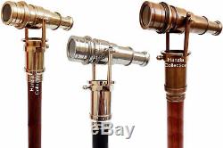 3 Pcs Set Of Telescope Spy Steampunk Brass Victorian Wooden Walking Cane Stick