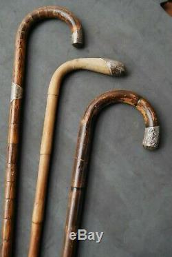3 antique wooden walking canes sticks all with sterling silver mounts circa 1900