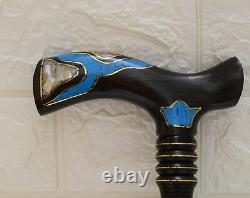 31 Turquoise and Mother of Pearl Inlaid Wooden Walking Stick Cane, Ebony Stick