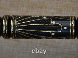 35 Egyptian Hand carved Ebony Wood Walking Cane Stick, Brass Inlay Wooden Cane