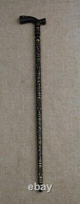 35 Egyptian Hand carved Ebony Wood Walking Cane Stick, Brass Inlay Wooden Cane