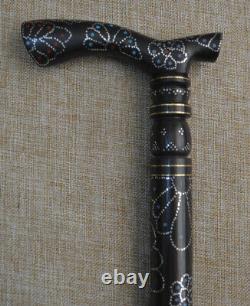 35 Egyptian Handmade Wood Walking Cane, Metal Inlaid Ebony Wooden Stick #01