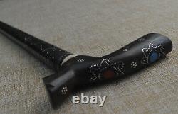 36 Egyptian Handmade Wood Walking Cane, Metal Inlaid Ebony Wooden Stick