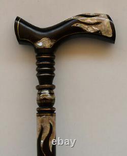 36 Handmade Ebony Wood Walking Cane Stick, Mother of Pearl Inlay Wooden Stick