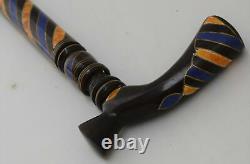 36 Lapis and Amber Inlaid Wooden Walking Stick Cane, Ebony Stick