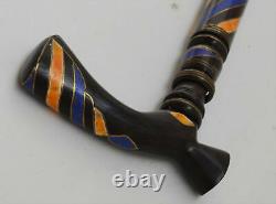 36 Lapis and Amber Inlaid Wooden Walking Stick Cane, Ebony Stick