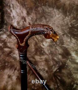 36' Wooden Cane Walking Stick Horse with Saddle Animal Wood Carved Walking Can