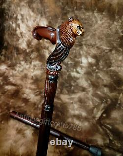36 Wooden Walking Cane with Wolf Head Ergonomic Palm Grip Handle Wooden Stick