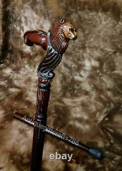 36 Wooden Walking Cane with Wolf Head Ergonomic Palm Grip Handle Wooden Stick