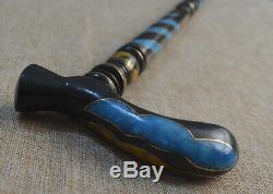 37 Turquoise & Amber Inlaid Wooden Stick, Egyptian Ebony Wood Walking Cane