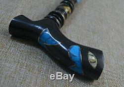 37 Turquoise & Amber Inlay Wooden Stick, Egyptian Ebony Wood Walking Cane