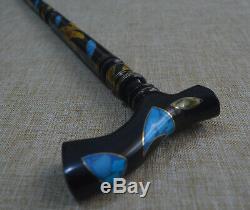 37 Turquoise & Amber Inlay Wooden Stick, Egyptian Ebony Wood Walking Cane