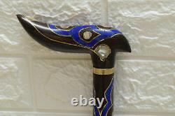 40 Lapis and Mother of Pearl Inlaid Wooden Walking Stick Cane, Ebony Wood Stick
