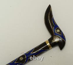 40 Lapis and Mother of Pearl Inlaid Wooden Walking Stick Cane, Ebony Wood Stick