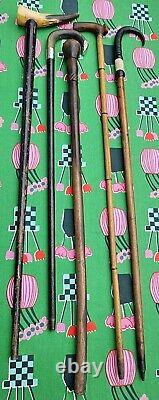 5 X ANTIQUE wooden walking stick canes horn STERLING SILVER ETC handles -B22