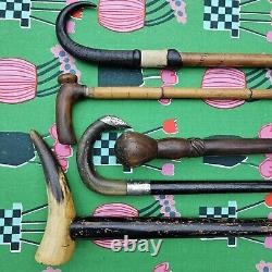 5 X ANTIQUE wooden walking stick canes horn STERLING SILVER ETC handles -B22