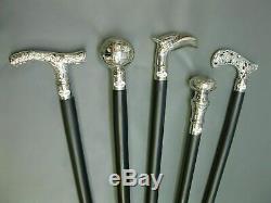 5 noble wooden walking sticks silver knob HANDMADE hiking stick set collect
