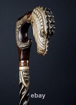 #60 Vintage Wooden Walking Stick Handmade Cane Wooden Carved Old dragon