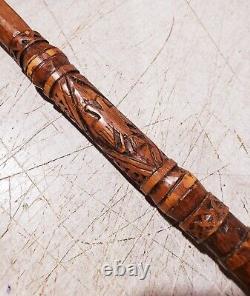 ANTIQUE HAND CARVED WOOD CANE WALKING STICK With MANY CARVINGS OF ANIMALS BIRDS ET