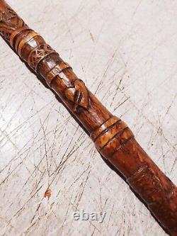 ANTIQUE HAND CARVED WOOD CANE WALKING STICK With MANY CARVINGS OF ANIMALS BIRDS ET