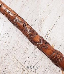 ANTIQUE HAND CARVED WOOD CANE WALKING STICK With MANY CARVINGS OF ANIMALS BIRDS ET