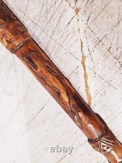 ANTIQUE HAND CARVED WOOD CANE WALKING STICK With MANY CARVINGS OF ANIMALS BIRDS ET