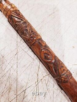 ANTIQUE HAND CARVED WOOD CANE WALKING STICK With MANY CARVINGS OF ANIMALS BIRDS ET