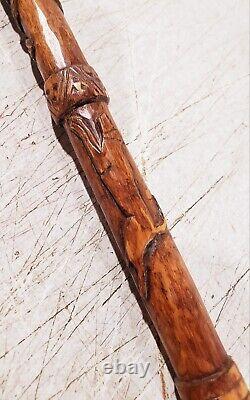 ANTIQUE HAND CARVED WOOD CANE WALKING STICK With MANY CARVINGS OF ANIMALS BIRDS ET