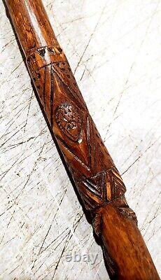 ANTIQUE HAND CARVED WOOD CANE WALKING STICK With MANY CARVINGS OF ANIMALS BIRDS ET