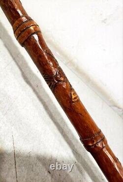 ANTIQUE HAND CARVED WOOD CANE WALKING STICK With MANY CARVINGS OF ANIMALS BIRDS ET