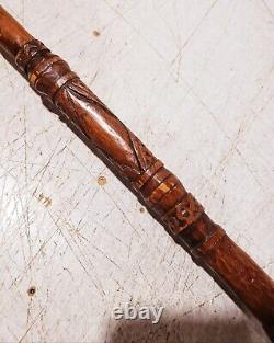 ANTIQUE HAND CARVED WOOD CANE WALKING STICK With MANY CARVINGS OF ANIMALS BIRDS ET