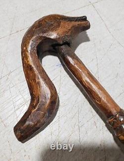 ANTIQUE HAND CARVED WOOD CANE WALKING STICK With MANY CARVINGS OF ANIMALS BIRDS ET