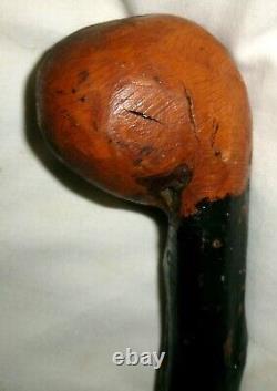 ANTIQUE HUGE MAN BLACK IRISH SHILLELAGH HARD WOOD WALKING ART STICK CANE w CAP