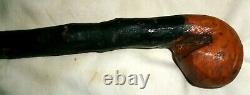 ANTIQUE HUGE MAN BLACK IRISH SHILLELAGH HARD WOOD WALKING ART STICK CANE w CAP