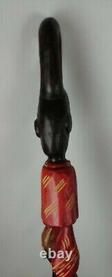 African Hand Carved Wooden Man Face & Snake Walking Stick Cane 37.5 X 6.5