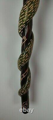 African Hand Carved Wooden Man Face & Snake Walking Stick Cane 37.5 X 6.5
