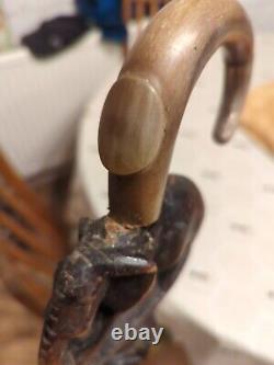 African Wooden Carved Walking Stick / Cane / Elephant