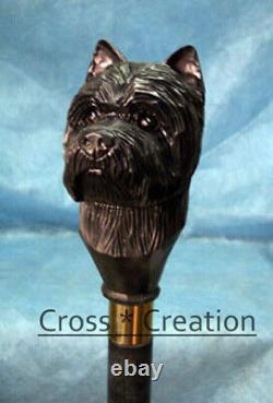 Amazing Carved Terrier Dog Head Handle Cairn Style Wooden Walking Stick Cane New