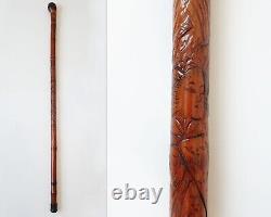 Antique 1800's Asian Hand Carved Bamboo Wooden Cane Walking Stick Japanese READ