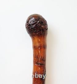 Antique 1800's Asian Hand Carved Bamboo Wooden Cane Walking Stick Japanese READ