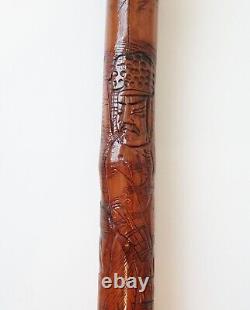 Antique 1800's Asian Hand Carved Bamboo Wooden Cane Walking Stick Japanese READ