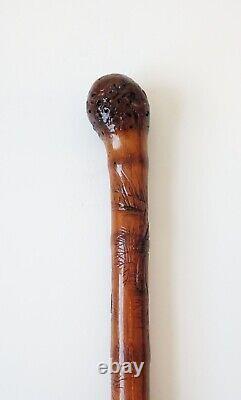 Antique 1800's Asian Hand Carved Bamboo Wooden Cane Walking Stick Japanese READ