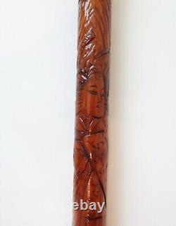 Antique 1800s Asian Hand Carved Bamboo Wooden Cane Walking Stick Japanese READ