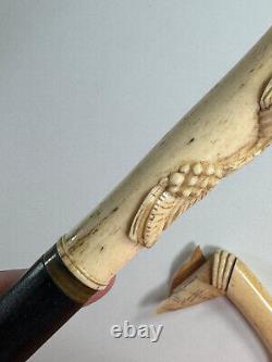 Antique 1900 hand carved wooden German walking stick cane hand leaf grape WOW