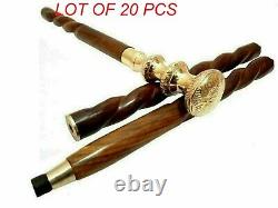 Antique 3 tier shiny finish brass handle wooden 3 fold walking stick spiral cane